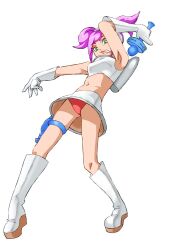 Rule 34 | 1girl, armpits, arms up, bandai namco, bare legs, boots, breasts, commentary, crop top, crossover, dancing, eyeshadow, gloves, green eyes, gun, handgun, happy, headset, holding, holding microphone, lips, lipstick, looking at viewer, makeup, microphone, midriff, miniskirt, monolith soft, multiple crossover, namco x capcom, navel, onnaski, panties, pantyhose, pantyshot, photoshop (medium), pink hair, project x zone, sega, short hair, skirt, smile, solo, solo focus, space channel 5, strap, thigh strap, thighs, tiptoes, twintails, ulala, underwear, weapon, white boots, white gloves