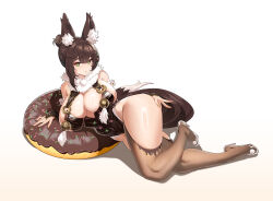 1girl animal_ear_fluff animal_ears arm_behind_back arm_support bare_shoulders bell breasts brown_eyes brown_hair brown_leotard brown_pillow brown_sleeves brown_tail brown_thighhighs center_opening cleavage commentary_request detached_sleeves donut-shaped_pillow double-parted_bangs food-themed_pillow fox_ears fox_girl fox_tail full_body green_eyes hair_between_eyes hair_intakes halterneck high_heels highres huge_breasts leotard long_legs long_sleeves looking_at_viewer lying medium_hair multicolored_eyes neck_fur o-ring_leotard official_art on_pillow on_side original parted_lips pillow pom_pom_footwear shiny_skin shoes sideboob simple_background solo tail thick_thighs thighhighs thighs tsuchino_(tigersaber) two-tone_eyes white_background