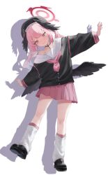 1girl absurdres beret black_hat black_shirt black_shoes black_wings blue_archive closed_mouth collarbone commentary_request feathered_wings full_body halo hat head_wings highres invisible_floor koharu_(blue_archive) long_sleeves looking_at_viewer low_wings mingyueqf neckerchief outstretched_arms pink_eyes pink_hair pink_neckerchief pink_skirt pleated_skirt red_halo school_uniform shadow shirt shoes simple_background single_off_shoulder skirt socks solo standing standing_on_one_leg white_background white_socks wings