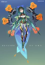 Rule 34 | 1girl, absurdres, aqua hair, black bodysuit, blue background, bodysuit, bow, bowtie, breasts, bridal legwear, colored inner hair, covered navel, full body, gradient background, green background, green bodysuit, green hair, halo, highres, long hair, looking at viewer, mechanical halo, multicolored bodysuit, multicolored hair, nail polish, original, red eyes, skin tight, small breasts, solo, stirrup legwear, toeless legwear, toenail polish, toenails, tomonao, two-tone background, two-tone hair, very long hair, white bow, white bowtie, yellow bodysuit