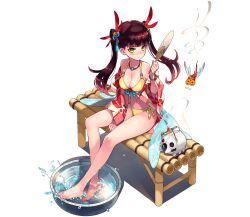 Rule 34 | 1girl, barefoot, basin, bench, bikini, black hair, blush, closed mouth, da-kuro, full body, green eyes, hair ornament, hand fan, highres, holding, holding fan, jewelry, kayari buta, long hair, looking at viewer, necklace, official art, paper fan, phantom of the kill, red hair, sitting, solo, summer, swimsuit, thighs, tonbokiri (phantom of the kill), two side up, uchiwa