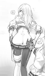 2girls ass asymmetrical_legwear blush butt_crack clothes_pull codeyamada commentary_request gloves grabbing_another&#039;s_ass greyscale groping heart highres hinomori_shizuku jacket leaning_forward long_hair long_sleeves momoi_airi monochrome multiple_girls panties pants pants_pull project_sekai spoken_heart thighhighs underwear yuri