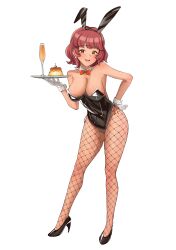 1girl absurdres animal_ears bare_shoulders black_leotard blush bow bowtie breasts brown_eyes cabbage_(chlehd2239) cleavage cocktail_glass commentary_request contrapposto cup detached_collar drink drinking_glass earrings fake_animal_ears fishnet_pantyhose fishnets food gloves hand_on_own_hip high_heels highleg highleg_leotard highres idolmaster idolmaster_million_live! idolmaster_million_live!_theater_days jewelry korean_commentary large_breasts leotard light_smile lipstick looking_at_viewer makeup mature_female medium_hair nonohara_akane&#039;s_mother open_mouth pantyhose playboy_bunny pudding rabbit_ears red_bow red_bowtie red_hair solo wavy_hair white_background white_gloves white_wrist_cuffs wrist_cuffs