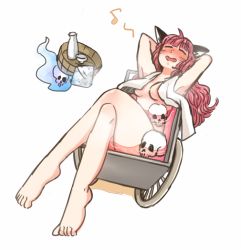 1girl animal_ears artistic_error bad_feet bad_id bad_pixiv_id barefoot bathing blush cat_ears crossed_legs fang feet female_focus full_body kaenbyou_rin long_hair musical_note nude open_mouth partially_submerged quaver red_hair simple_background sketch skull smile solo toes touhou towel tsuga wheelbarrow white_background wrong_foot