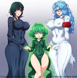 1girl 2futa absurdres ahoge breasts covered_erect_nipples curvy erection flaccid fubuki_(one-punch_man) futanari glasses green_hair group_sex highres imminent_penetration imminent_rape incest large_breasts multiple_futa one-punch_man pantylines penis penis_awe petite psykos sansetsukon_no_lily scared shortstack siblings sisters size_difference skin_tight small_breasts surprised tatsumaki testicles the_golden_smurf thick_thighs thighs threesome uncensored waru-geli wide_hips