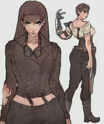 Rule 34 | 1girl, belt, blood, blood on face, blue eyes, boots, brown belt, brown hair, brown jacket, brown pants, furiosa: a mad max saga, goggles, goggles around neck, gun, highres, holding, holding gun, holding weapon, imperator furiosa, jacket, long hair, long sleeves, looking at viewer, mad max, mechanical arms, multiple views, pants, shirt, short hair, shotgun, single mechanical arm, tattoo, torn clothes, weapon, white shirt, yoracrab