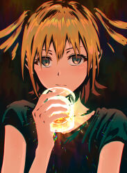 1girl black_background black_shirt blonde_hair bullfalk closed_mouth collarbone commentary_request daiba_nana dark_background grey_eyes highres holding looking_at_viewer shirt short_hair short_sleeves short_twintails shoujo_kageki_revue_starlight solo t-shirt twintails upper_body