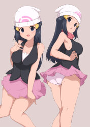 1girl :d :o ass beanie black_shirt blue_eyes blue_hair breasts cleavage dawn_(pokemon) female_focus grey_background hair_ornament hairclip hat highres izuna_masaru long_hair looking_at_viewer looking_back matching_hair/eyes medium_breasts miniskirt multiple_views nintendo open_mouth panties pantyshot pink_skirt poke_ball_print pokemon pokemon_dppt red_scarf scarf shirt sidelocks simple_background sitting skirt smile solo standing underwear white_hat white_panties