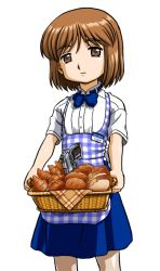00s 1girl apron bandabekken basket blouse blue_bow blue_bowtie bob_cut bow bowtie bread brown_eyes brown_hair female_focus food gingham_apron gun gunslinger_girl handgun henrietta_(gunslinger_girl) kobeya_uniform looking_at_viewer pistol plaid_apron plaid_clothes shirt short_hair skirt solo waitress weapon white_shirt