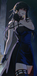 1girl absurdres black_dress black_gloves black_hair blood blood_on_face boots breasts dagger dress dual_wielding fingerless_gloves gloves gold_hairband gootai hairband highres holding holding_dagger holding_knife holding_weapon knife large_breasts long_hair red_eyes solo spy_x_family stiletto_(weapon) thigh_boots weapon yor_briar