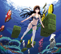1girl air_bubble barefoot bikini black_hair black_thighhighs block_(mario) blooper_(mario) blowing_bubbles blue_bikini blue_eyes breasts brick_block bubble cheep_cheep cleavage coin coral cosplay diving_mask female_focus fish freediving from_below front-tie_top genderswap genderswap_(mtf) goggles gold_coin hat jellyfish kouno_(masao) long_hair mario mario_(cosplay) mario_(series) medium_breasts navel nintendo parody side-tie_bikini_bottom skindentation solo squid super_mario_bros._1 swimming swimsuit thighhighs toeless_legwear toes underwater white_thighhighs