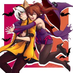 Rule 34 | 1boy, 1girl, ahoge, animal ears, animal hood, bare shoulders, bat (animal), black gloves, black pants, blazblue, bloodedge, blush, bow, breasts, brown hair, cape, cat ears, cat hood, celica a. mercury, cleavage, clothing cutout, cosplay, detached sleeves, devoured by darkness, dootmoon, eyepatch, glomp, gloves, green eyes, hair ribbon, halloween, halloween costume, hat, heterochromia, high heels, hood, hug, hug from behind, jubei (blazblue), jubei (cosplay), konoe a. mercury, konoe a mercury (cosplay), long hair, medium breasts, outside border, pants, ponytail, ragna the bloodedge, red eyes, ribbon, signature, silver hair, smile, thigh cutout, thighhighs, tsundere, witch hat