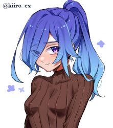 1girl alternate_hairstyle artist_name blue_hair breasts brown_sweater commentary_request covered_collarbone eyes_visible_through_hair gradient_hair hair_over_one_eye highres hiiro_(kiiro_ex) kimi_no_koto_ga_dai_dai_dai_dai_daisuki_na_100-nin_no_kanojo long_hair long_sleeves looking_at_viewer multicolored_hair nakaji_uto ponytail purple_eyes purple_hair ribbed_sweater simple_background small_breasts smile solo sweater turtleneck turtleneck_sweater twitter_username upper_body white_background