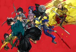 Rule 34 | 1other, 2girls, 6+boys, androgynous, armor, black hair, blue bodysuit, blue eyes, blue hair, bodysuit, book, braid, brother and sister, character request, closed mouth, commentary request, crimson codex (fate), cu chulainn (fate), cu chulainn (fate/stay night), fate/samurai remnant, fate (series), gae bolg (fate), gate of babylon (fate), gilgamesh (fate), gilgamesh (ruler) (fate), green kimono, grey hair, highres, holding, holding sword, holding weapon, japanese clothes, katana, kimono, li shuwen (fate), li shuwen (old) (fate), long hair, miyamoto iori (fate), miyamoto musashi (fate), miyamoto musashi (woman of niten ichiryuu) (fate), multiple boys, multiple girls, mura karuki, official alternate costume, ogasawara kaya, pauldrons, polearm, ponytail, red background, red eyes, sandals, sasaki kojirou (fate), short hair, shoulder armor, siblings, sidelocks, simple background, sitting, smile, spear, sunglasses, sword, toenails, toes, weapon, yamato takeru (fate)