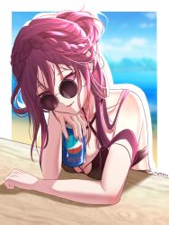 1girl bare_shoulders bikini black_bikini braid brand_name_imitation breasts can cleavage collarbone commentary drink_can english_commentary front_braid hair_between_eyes head_rest highres holding holding_can honkai:_star_rail honkai_(series) kafka_(honkai:_star_rail) large_breasts leaning_on_object long_hair looking_at_viewer nail_polish nyeppu ocean outline pepsi purple_hair purple_nails round_eyewear smile soda_can solo sunglasses swimsuit table twitter_username upper_body white_outline wooden_table