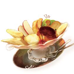 absurdres apple apple_slice banana banana_slice bowl cherry cookie food food_focus fork fruit highres ito_(user_snhu2323) kiwi_(fruit) kiwi_slice no_humans original pudding pudding_a_la_mode simple_background spoon still_life tray white_background