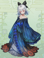 1girl black_bow blue_bow blue_kimono bow dairoku_ryouhei dress empty_eyes expressionless hair_bow highres japanese_clothes kajaneko kimono long_dress looking_at_viewer loose_clothes lumerie_maleficarum no_bra non-web_source red_eyes solo solo_focus white_hair