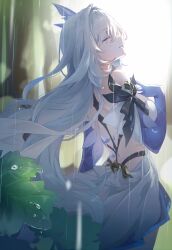 Rule 34 | 1girl, backless dress, backless outfit, breasts, closed eyes, cowboy shot, dress, floating hair, from behind, genshin impact, hand up, haru same322, highres, large breasts, leaf, long hair, open mouth, purple hands, rain, skirk (genshin impact), solo, white dress