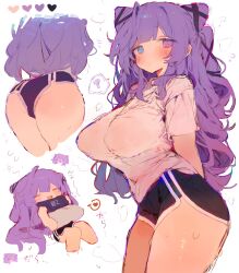 1girl ? arms_behind_back ass black_ribbon black_shorts blue_eyes blush breasts bunchi closed_mouth commission cone_hair_bun cowboy_shot hair_bun hair_ornament hair_ribbon heart heterochromia highres large_breasts long_hair looking_at_viewer multiple_views open_mouth original purple_eyes purple_hair ribbon shirt shorts simple_background skeb_commission spoken_heart spoken_question_mark standing sweat thighs white_background white_shirt