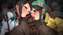 1boy 2girls animal_collar bar_censor black-framed_eyewear black_hair blush breast_press breasts brown_eyes brown_gloves censored collar cooperative_fellatio dark-skinned_male dark_skin ear_piercing eyelashes fellatio ffm_threesome glasses gloves green_collar green_hat group_sex half-closed_eyes hat heart heart-shaped_pupils hetero interracial jacket killjoy_(valorant) leash licking licking_penis long_hair looking_at_penis medium_breasts mimizuki90 mind_control multiple_girls open_mouth oral penis piercing ponytail red_collar riot_games round_eyewear sage_(valorant) saliva slave symbol-shaped_pupils teamwork_(sexual) testicles textless_version threesome tongue tongue_out upper_body valorant very_dark_skin white_jacket yellow_jacket