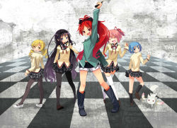 Rule 34 | 5girls, akemi homura, bad id, bad pixiv id, fkey, hare hare yukai, kaname madoka, kyubey, mahou shoujo madoka magica, mahou shoujo madoka magica (anime), miki sayaka, multiple girls, pantyhose, parody, plaid clothes, plaid skirt, ponytail, sakura kyoko, skirt, tomoe mami