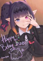 1girl :q absurdres black_coat black_ribbon black_skirt blue_eyes blunt_bangs buttons coat collared_shirt colored_inner_hair commentary double-breasted english_commentary english_text gradient_hair grey_sweater hand_up happy_birthday heterochromia highres hololive hololive_english lapel_pin lesu looking_at_viewer miniskirt mole mole_under_eye multicolored_hair neck_ribbon ninomae_ina&#039;nis ninomae_ina&#039;nis_(school_uniform) official_alternate_costume official_alternate_hairstyle orange_hair pink_eyes pink_hair plaid_clothes plaid_skirt pleated_skirt pointy_ears purple_hair ribbon school_uniform shirt short_hair side_ponytail sitting skirt smile solo sweater tentacle_hair tongue tongue_out v-neck v-shaped_eyebrows virtual_youtuber white_shirt wooden_floor