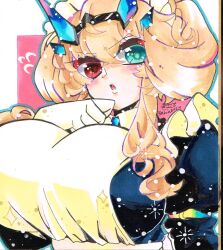 Rule 34 | 1girl, apron, ariabosu, barghest (fate), barghest (swimsuit archer) (fate), barghest (swimsuit archer) (second ascension) (fate), black dress, blonde hair, breasts, commentary request, dress, fate/grand order, fate (series), green eyes, heterochromia, highres, horns, huge breasts, impossible clothes, impossible dress, maid, maid apron, marker (medium), red eyes, signature, solo, traditional media, very big eyes