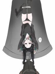 Rule 34 | 1girl, ?, amon (lord of the mysteries), bell, black boots, black cloak, black eyes, black hair, black panties, black thighhighs, boots, breasts, cloak, closed mouth, commentary, english commentary, genderswap, genderswap (mtf), highres, imminent death, kikinotamai, long hair, long sleeves, looking at viewer, lord of the mysteries, monocle, panties, parted bangs, small breasts, smile, solo, spoken question mark, thighhighs, twintails, underwear, upside-down