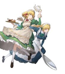 Rule 34 | 2girls, apron, attack, blonde hair, braid, braided ponytail, fire emblem, fire emblem: genealogy of the holy war, fire emblem: thracia 776, fire emblem: three houses, green eyes, hair ornament, highres, ingrid brandl galatea, ingrid brandl galatea (tea party), long hair, low ponytail, maid, maid apron, maid headdress, multiple girls, nanna (fire emblem), nanna (tea party) (fire emblem), nintendo, non-web source, official alternate costume, official art, ponytail, short hair, spoon, wing hair ornament