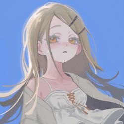 Rule 34 | 1girl, blonde hair, blue background, breasts, camisole, collarbone, colored eyelashes, commentary request, earrings, floating clothes, gakuen idolmaster, hair ornament, hairclip, highres, idolmaster, jacket, jewelry, ka1 (k4k37), long hair, open clothes, open jacket, parted bangs, parted lips, shinosawa hiro, single off shoulder, small breasts, solo, stud earrings, upper body, white camisole, yellow eyes, yellow jacket