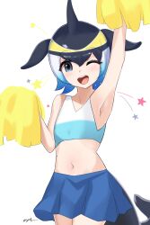 1girl absurdres adapted_costume bare_shoulders black_hair blonde_hair blowhole blue_eyes blue_hair blue_shirt blue_skirt blush cetacean_tail cheerleader common_dolphin_(kemono_friends) cowboy_shot dolphin_girl dorsal_fin fins fish_tail head_fins highres kemono_friends midriff multicolored_hair navel negi_e_mon one_eye_closed open_mouth pleated_skirt pom_pom_(cheerleading) shirt skirt sleeveless smile solo sparkle tail two-tone_shirt white_hair white_shirt