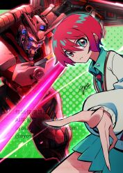 1girl amate_yuzuriha armor artist_name ayo_(ayosanri009) black_necktie closed_mouth commentary cowboy_shot diagonal-striped_clothes diagonal-striped_necktie email_address energy_sword english_text green_background green_eyes green_shirt green_skirt gundam gundam_gquuuuuux helmet highres mecha miniskirt mixed-language_text mobile_suit necktie pleated_skirt purple_eyes red_armor red_gundam red_hair red_helmet red_necktie robot science_fiction shirt short_hair simple_background skirt striped_clothes sweater sword twitter_username two-tone_necktie v-fin watermark weapon web_address white_sweater