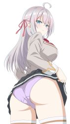 1girl absurdres alisa_mikhailovna_kujou angry ass black_skirt blazer breasts closed_mouth clothes_lift commentary from_behind grey_hair grey_jacket highres jacket large_breasts lifting_own_clothes long_hair looking_at_viewer panties purple_panties school_uniform seiren_academy_school_uniform senor_h simple_background skirt skirt_lift solo tank_top thighs tokidoki_bosotto_roshia-go_de_dereru_tonari_no_alya-san underwear variant_set white_background white_tank_top