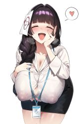 1girl absurdres black_hair black_skirt blue_archive blush breasts cleavage closed_eyes covered_erect_nipples doodle_sensei_(blue_archive) female_sensei_(blue_archive) hand_on_own_cheek hand_on_own_face heart highres huge_breasts in_(ain) long_hair long_sleeves open_mouth paper_on_head sensei_(blue_archive) shirt simple_background skirt smile solo spoken_heart sweat white_background white_shirt
