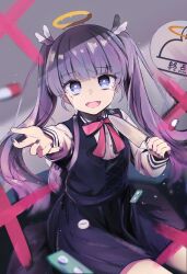 1girl :d backpack bag black_dress blunt_bangs blurry bow bowtie bright_pupils collared_shirt commentary_request cross-laced_clothes cross-laced_dress crying crying_with_eyes_open diamond-shaped_pupils diamond_(shape) dress fang foreshortening grey_background hagakuri hair_ornament halo highres holding holding_knife knife long_hair long_sleeves looking_at_viewer nail_polish open_mouth pill pink_bow pink_bowtie purple_bag purple_eyes purple_hair purple_nails reaching reaching_towards_viewer shirt shuuten_no_saki_ga_aru_to_suru_naraba_(tuyu) sign simple_background sitting smile solo symbol-shaped_pupils tears tuyu_(band) twintails white_pupils white_shirt yellow_halo