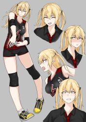 1girl blonde_hair breasts fuku_(fuku12290574) medium_breasts smile sportswear sweat sweatdrop tagme volleyball_uniform