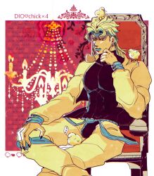 Rule 34 | 1boy, animal, animal on head, animal on shoulder, baby animal, bird, bird on head, bird on shoulder, black leotard, black nails, chick, clothing cutout, cropped jacket, crossed legs, crotch cutout, dio brando, earrings, english text, expressionless, fingernails, green headband, green lips, hand on own face, hand on own knee, headband, hoop earrings, ichirinhna, jacket, jewelry, jojo no kimyou na bouken, leotard, long fingernails, male focus, on head, outline, pants, red background, sitting, sleeping, solo, stardust crusaders, throne, white background, white outline, yellow eyes, yellow jacket, yellow pants