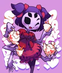 1girl arthropod_girl black_eyes bow colored_skin commentary cup dress english_commentary english_text extra_arms extra_eyes fangs feet_out_of_frame hair_bow heart heart_print highres holding holding_teapot insect_girl light_blush limb92 looking_at_viewer monster_girl muffet one_eye_closed open_mouth pink_background pouring puffy_dress puffy_short_sleeves puffy_sleeves purple_hair purple_skin red_bow red_dress short_hair short_sleeves short_twintails simple_background smile solid_eyes solo spider_girl tea teacup teapot text_background twintails undertale