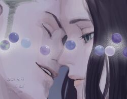 1boy 1girl black_hair blue_eyes closed_eyes closed_mouth commentary_request dated eyelashes gem green_hair highres hisarakanoi long_hair looking_at_viewer nico_robin one_piece open_mouth pearl_(gemstone) profile roronoa_zoro sideburns smile