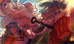 4girls blue_eyes blue_hair blush_stickers charlotte_pudding club club_(weapon) commentary dutch_angle earrings english_commentary hagoromo hakama highres holding holding_weapon horns japanese_clothes jewelry kanabou kimono long_hair mermaid monster_girl multiple_girls nefertari_vivi one_piece pink_hair ponytail princess rabiyan_(one_piece) red_hakama rope shawl shimenawa shirahoshi size_difference sleeveless sleeveless_kimono taku_(aywakutakuay) weapon yamato_(one_piece)