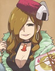 Rule 34 | 1girl, ace attorney, angel starr, bento, black eyes, breasts, brown hair, choker, cleavage, dress, earrings, food, fur trim, gift, hair over one eye, hat, highres, holding, hoop earrings, jewelry, large breasts, lipstick, long hair, makeup, onigiri, parted lips, red lips, smile, solo, upper body