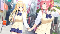 2girls bag blonde_hair blue_eyes blush bow bowtie breasts carrying day female_focus game_cg go-1 green_eyes happy high_ponytail highres homemaid_sweet_pea housen_shiori legs long_hair looking_at_another looking_back medium_breasts multiple_girls open_mouth original outdoors ponytail red_hair school_bag school_uniform skirt sleeves_rolled_up smile standing thighs twintails vest yukinoshita_yuuna