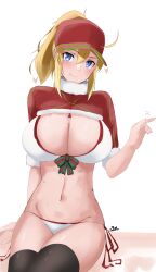 1girl absurdres adapted_costume ahoge artoria_pendragon_(fate) baseball_cap bikini black_thighhighs blonde_hair blue_eyes blush breasts cleavage fate/grand_order fate_(series) fur_trim hat highres large_breasts long_hair long_sleeves looking_at_viewer mysterious_heroine_xx_(fate) navel ponytail red_hat red_shrug s4ika shrug_(clothing) sidelocks sitting smile solo swimsuit thighhighs thighs white_bikini