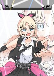 Rule 34 | 1girl, :d, absurdres, black jacket, black necktie, black skirt, blonde hair, blue eyes, collarbone, collared shirt, commentary request, cowboy shot, curtained hair, dot-matrix, fang, highres, i do me! (love live!), jacket, link! like! love live!, long hair, looking at viewer, loose necktie, love live!, lower teeth only, momiji (moj 0404), necktie, offering hand, official alternate costume, open clothes, open jacket, open mouth, osawa rurino, outstretched arm, parted bangs, screen zoom, second-party source, shirt, skin fang, skirt, sleeveless, sleeveless jacket, smile, solo, teeth, v-shaped eyebrows, virtual youtuber, white shirt