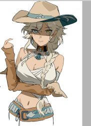 1girl argus_(reverse:1999) bare_shoulders belt breasts brown_belt brown_choker brown_hat brown_sleeves choker cleavage closed_mouth cowboy_hat detached_sleeves grey_eyes guni_(9guniguni) hand_on_own_elbow hand_up hat heterochromia highres large_breasts long_braid long_hair midriff navel reverse:1999 scar scar_across_eye scar_on_face smile solo tank_top upper_body white_tank_top yellow_eyes