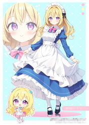 1girl :d aoi_yun apron black_shoes blonde_hair blue_background blue_dress blush bow breasts censored closed_mouth collared_dress dress frilled_apron frills hair_intakes hands_up heart heart_hands highres juliet_sleeves long_hair long_sleeves maid maid_apron maid_headdress medium_breasts mosaic_censoring multiple_views open_mouth original pantyhose pink_bow pink_dress puffy_short_sleeves puffy_sleeves purple_eyes shoes short_sleeves smile very_long_hair white_apron white_pantyhose wrist_cuffs