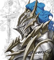 1other abstract_background armor blue_plume chainmail commission from_side helm helmet highres knight original profile russian_commentary shoulder_armor spiked_armor white_background