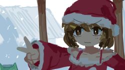 Rule 34 | 1girl, amapy, blush, brown eyes, brown hair, hair ornament, hat, highres, hirasawa yui, k-on!, official alternate costume, santa costume, santa hat, short hair, smile, snowing, solo, v