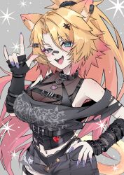 1girl \m/ animal_ear_piercing animal_ears arm_warmers bandaid bandaid_on_face bandaid_on_nose belt black_belt black_collar black_corset black_panties blonde_hair blue_eyes cat_ears cat_girl cat_tail collar corset gradient_hair hand_on_own_hip highres indie_virtual_youtuber jewelry long_hair multicolored_hair necklace obkatiekat obkatiekat_(2nd_costume) open_mouth panties pink_hair ponytail purple_nails shirt smile solo tail teeth torn_clothes torn_shirt underwear upper_teeth_only virtual_youtuber yuyamifall