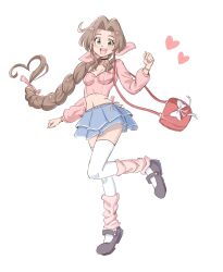 1girl aerith_gainsborough alternate_costume bag bag_bow bervens12 black_choker black_shoes blue_skirt bracelet braid braided_ponytail breasts brown_hair choker cleavage crop_top final_fantasy final_fantasy_vii frilled_skirt frills full_body green_eyes hair_ribbon highres jewelry leg_warmers long_hair long_sleeves looking_at_viewer loose_socks mary_janes medium_breasts midriff miniskirt navel open_mouth parted_bangs pink_leg_warmers pink_ribbon pink_shirt red_bag ribbon shirt shoes shoulder_bag sidelocks single_braid skirt smile socks solo thighhighs white_background white_thighhighs